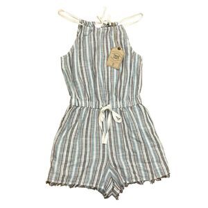 New Striped Romper Sz S Blue White Raw Edge Halter Pockets Beachy True Craft NWT